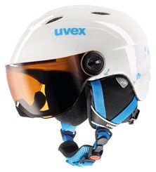 Uvex JUNIOR VISOR - dětská / juniorská lyžařská helma se štítem white-turqouise - Bílo - modrá, velikost XS-S - obvod hlavy 52-54 cm...